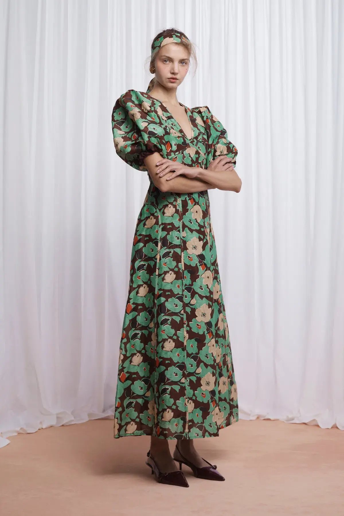 Lovaan Adeline Silk Linen Green Floral Size 6 photo 4