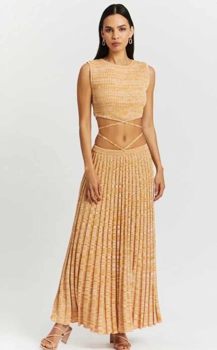 Christopher Esber Sleeveless Knit Tie Crop Top and Pleated Knit Tie Skirt Set Dune Marle Size 6 photo 2