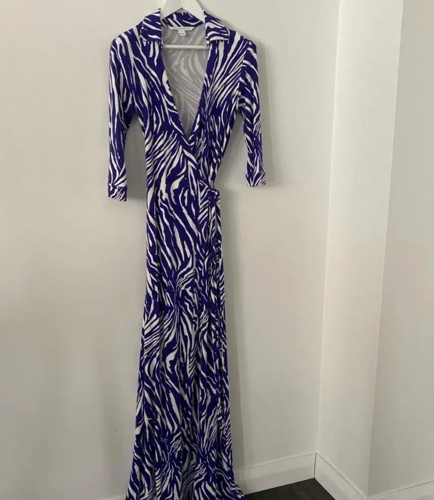 Diane Von Furstenberg Floor-Length Jersey Wrap Dress Blue Animal Print Size AU 10 photo 3