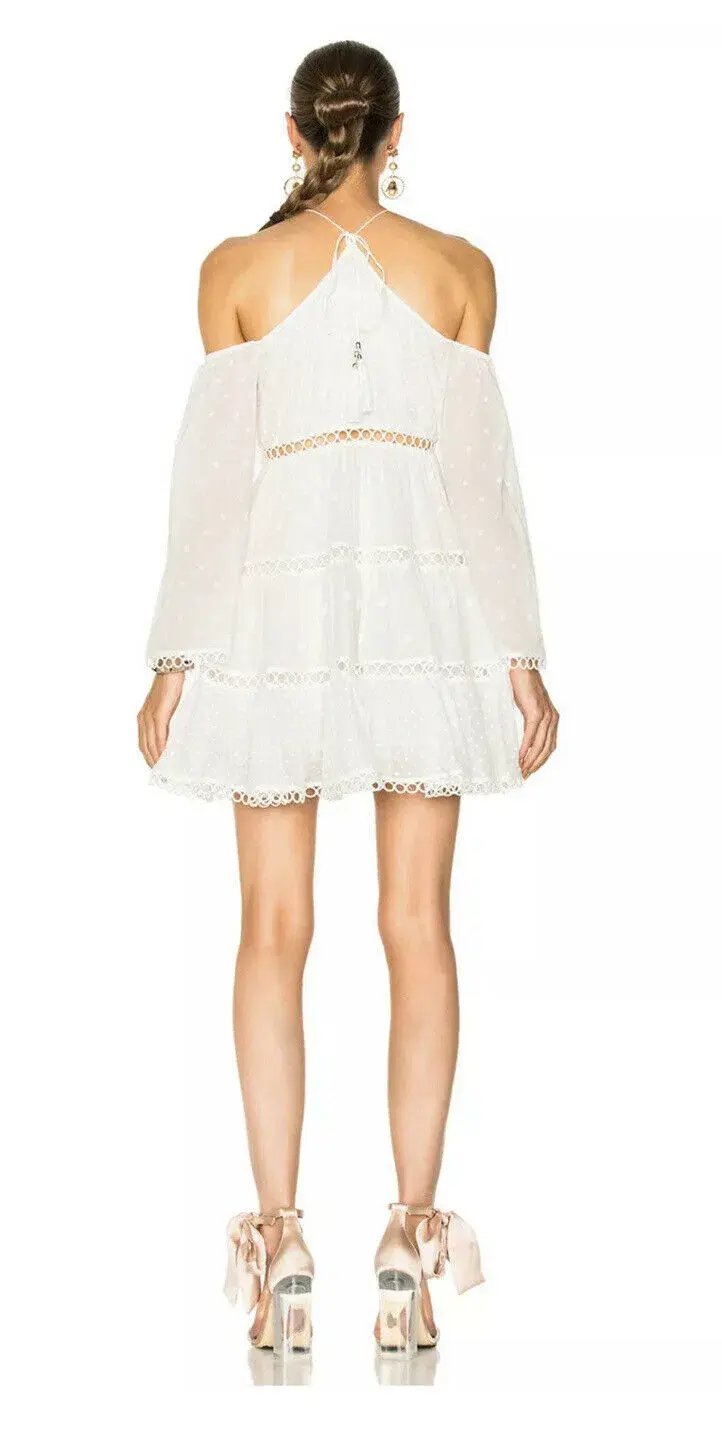 Zimmermann Jasper Dot Floating Cold Shoulder Mini Dress White Size 6 photo 3