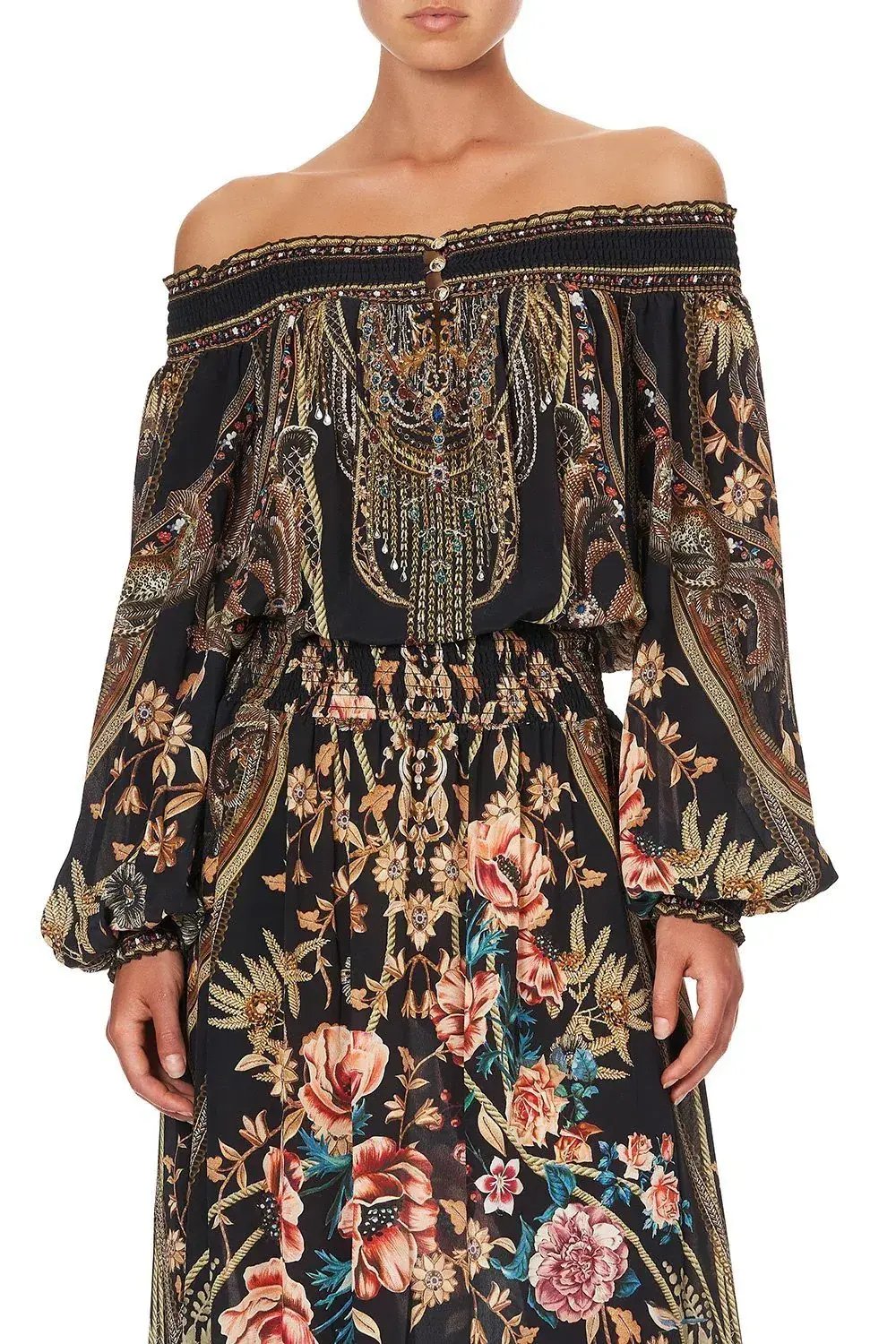 CAMILLA Off Shoulder Shirred Silk Maxi Dress Print Size S/Au 10 photo 7