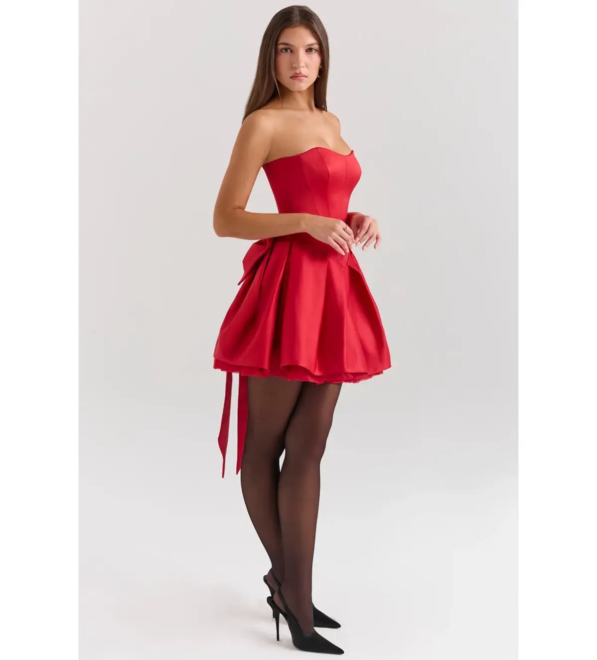 House Of CB Salome Satin Detachable Bow Mini Dress Holly Red Size L/AU 12 photo 4