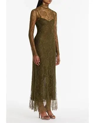 Carla Zampatti Juniper Chantilly Lace Sleeved Gown Olive Size 14 photo 4