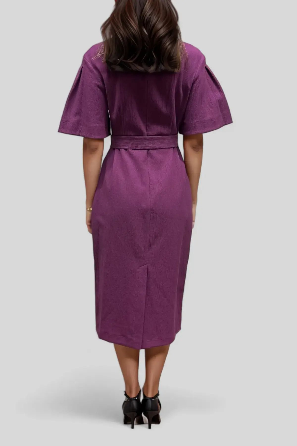 Veronika Maine Crinkle Cotton Belted Midi Dress in Plum Size 10 photo 3