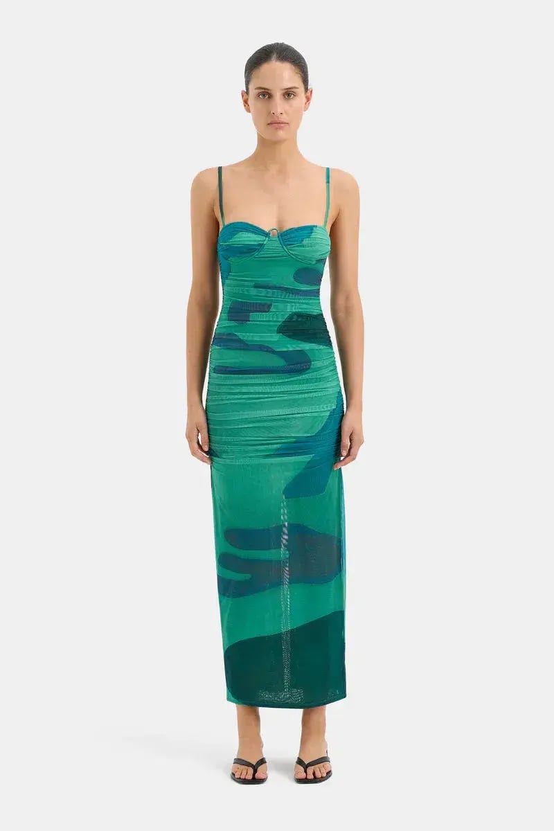Sir The Label Frankie Gathered Midi Dress Green Multi Size 1 / AU 8 photo 2
