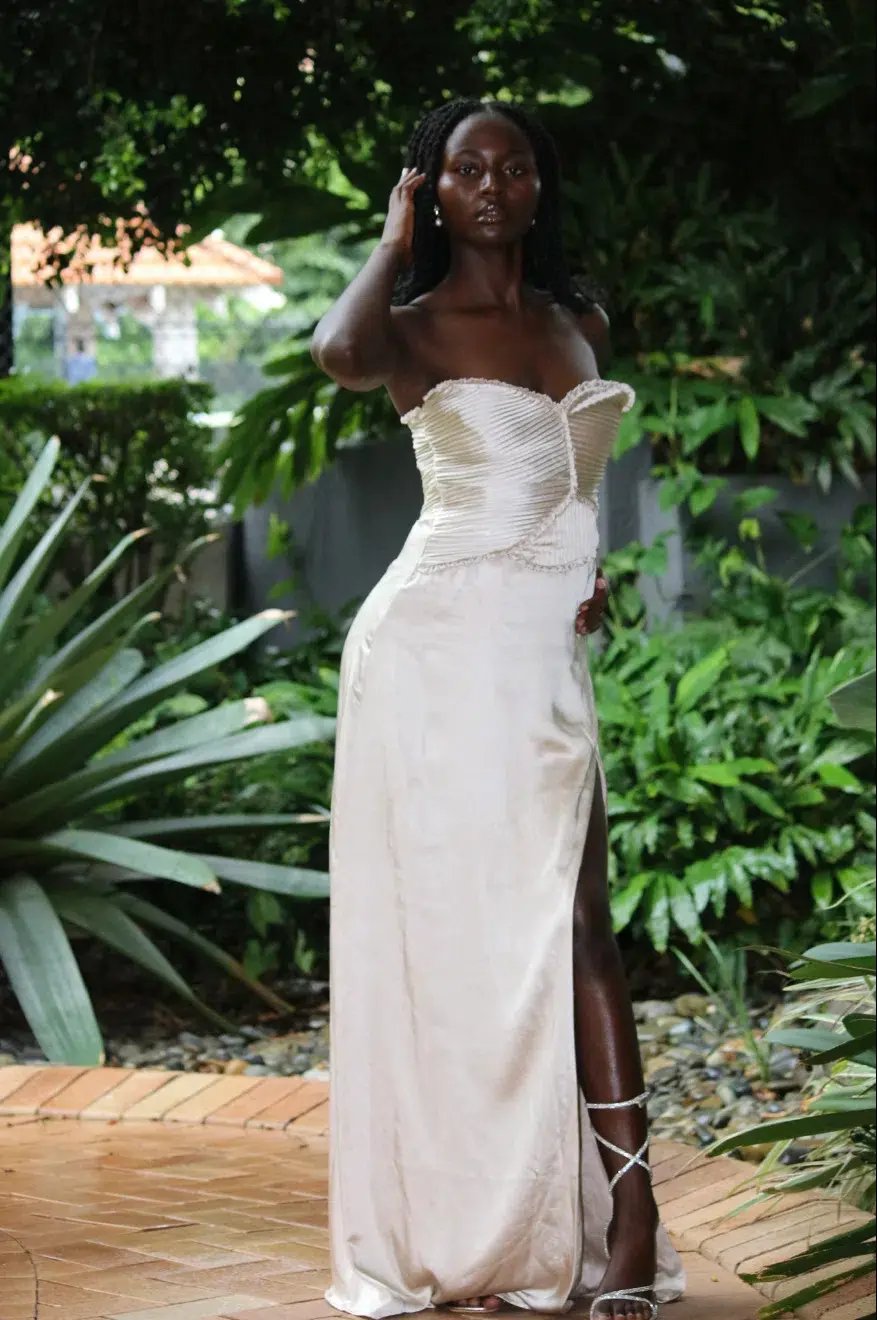 Larissa Satin Maxi Dress With Ruched Petals - Champagne MESHKI photo 2