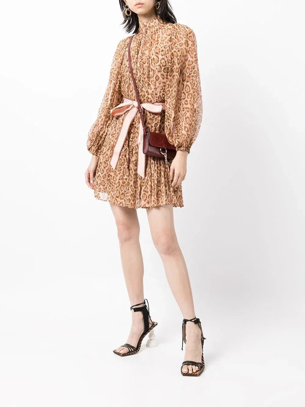 Zimmermann Tempo Bell Sleeve Mini Dress Pink Leopard Print Size 0 / AU 8 photo 2