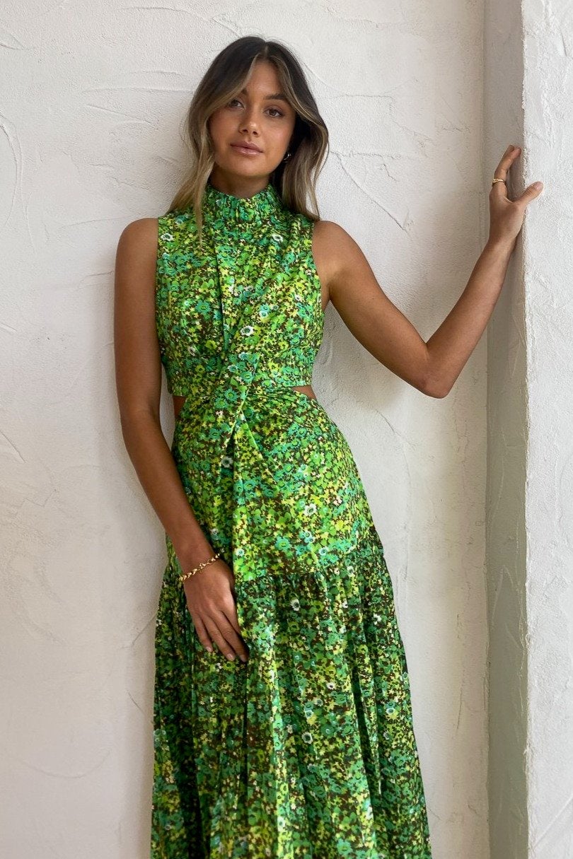 ALÉMAIS PHYLLIS TWIST FRONT PLEAT DRESS - ACID GREEN photo 6