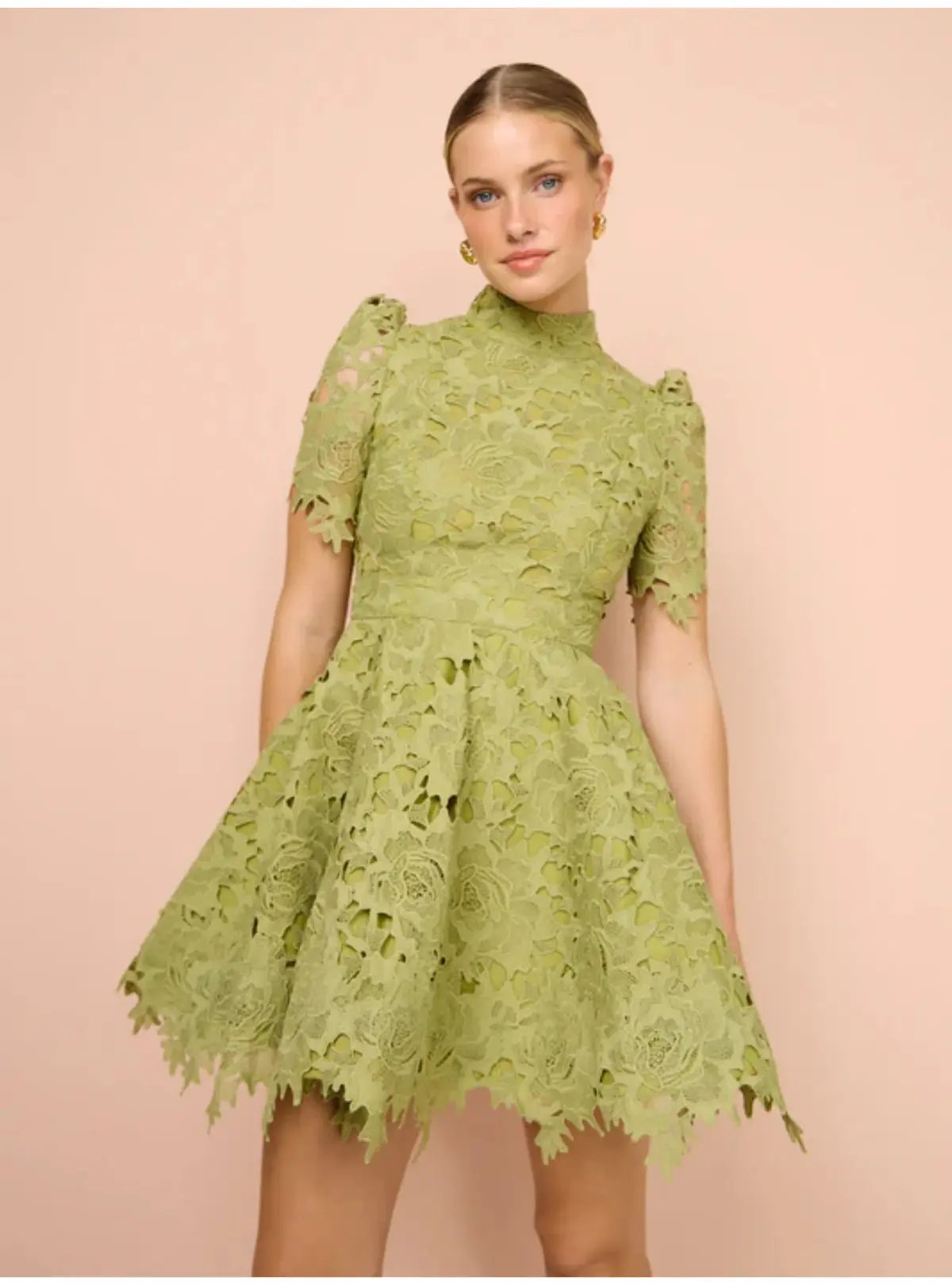 Leo Lin Elise Lace Short Sleeve Mini Dress in Olive Size AU 12 photo 2