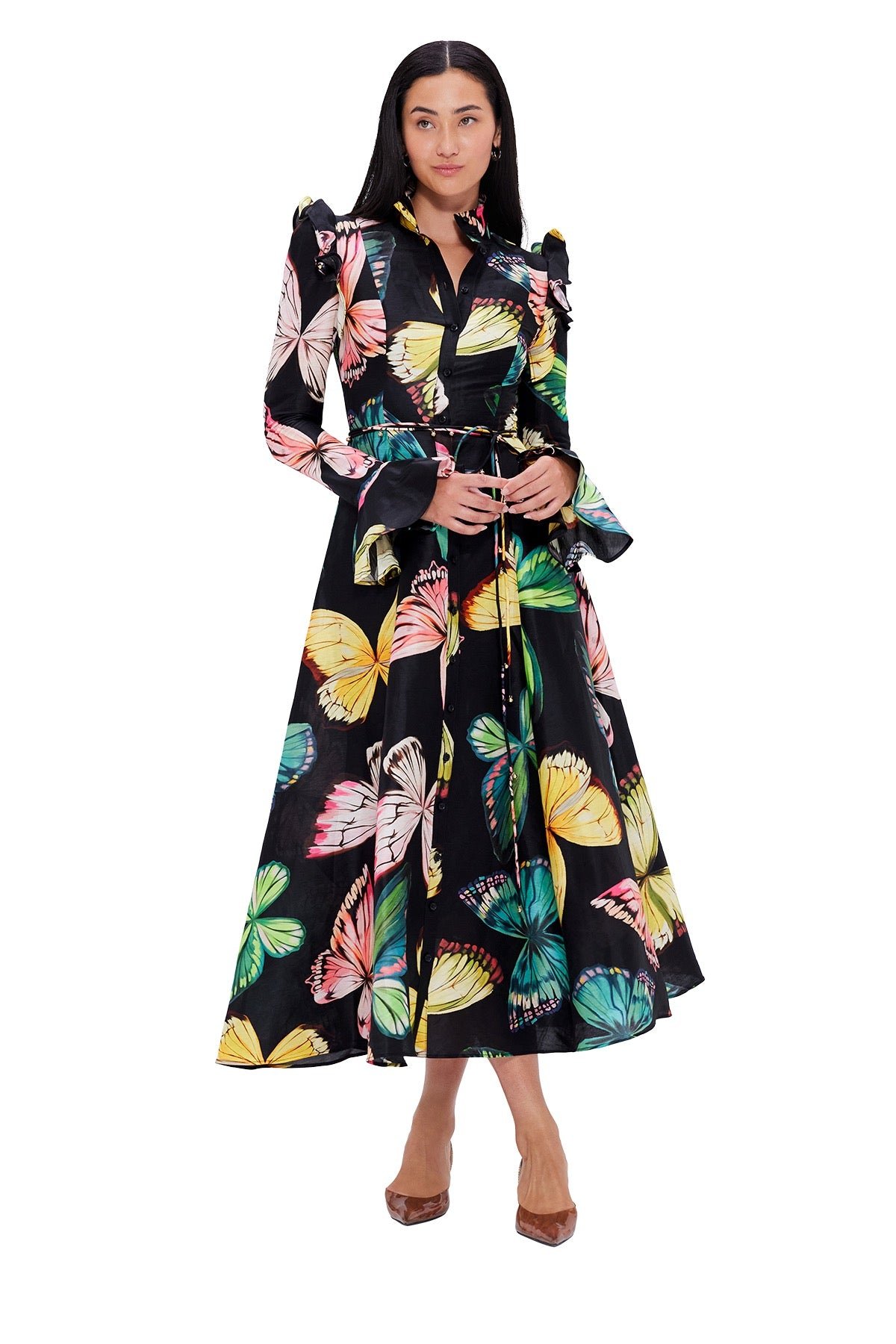 LEO LIN KATRINA BUTTERFLY SLEEVE MIDI DRESS - PAPILLON PRINT IN BLACK photo 2