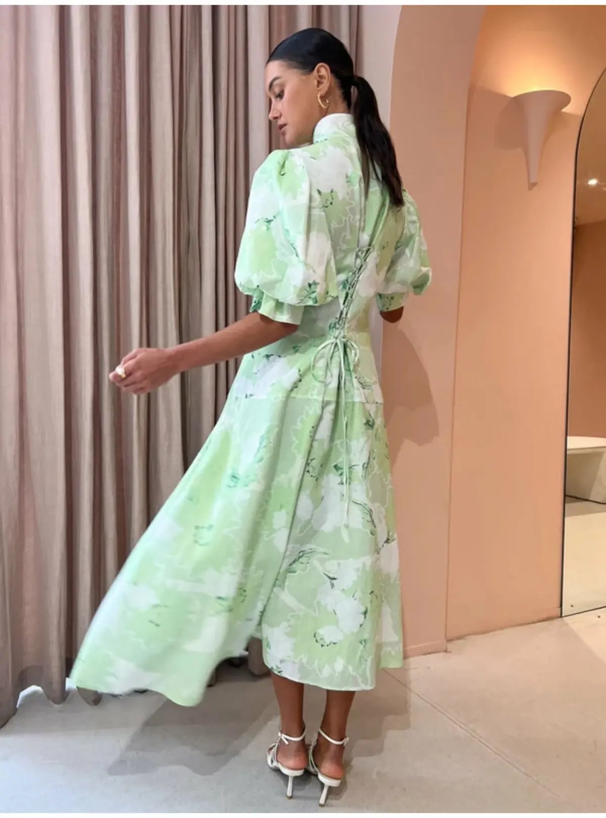 Leo Lin Anneke Drawstring Midi Dress Jasmine Print in Sage Size AU 12 photo 3