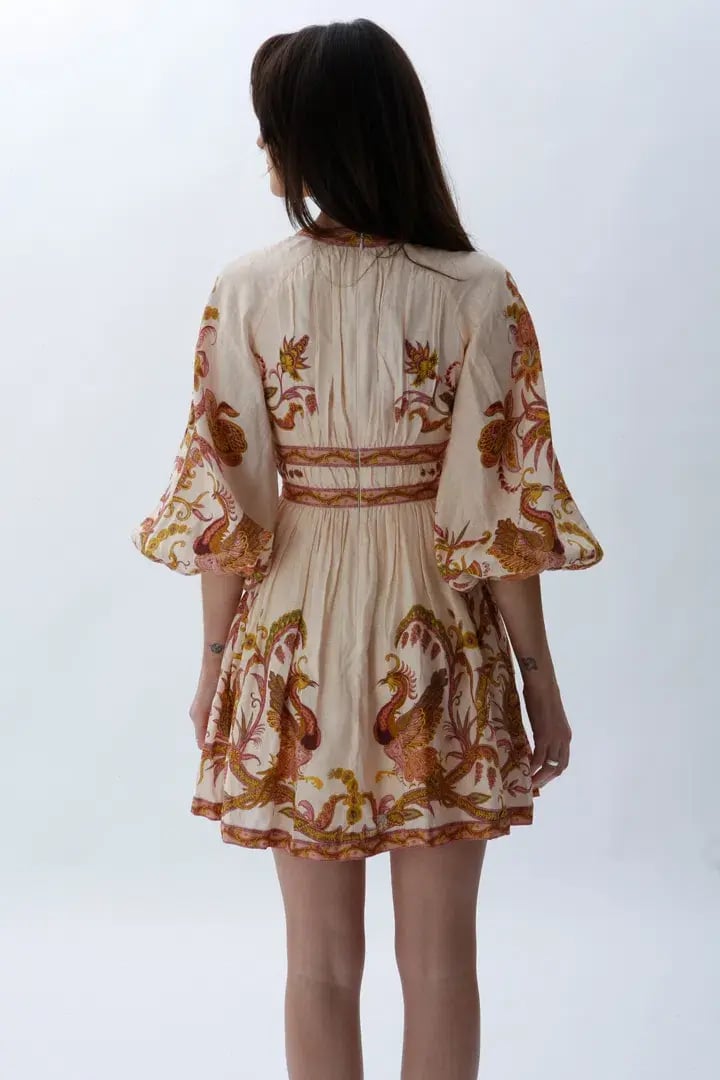 Zimmermann Cassia Plunge Bow Mini Dress Cream Bird Floral Size 0 / AU 8 photo 3