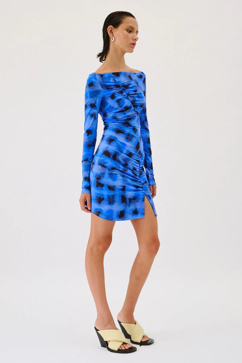SUBOO SHIBORI LONG SLEEVE OFF SHOULDER TUNIC DRESS - BLUE PRINT photo 2