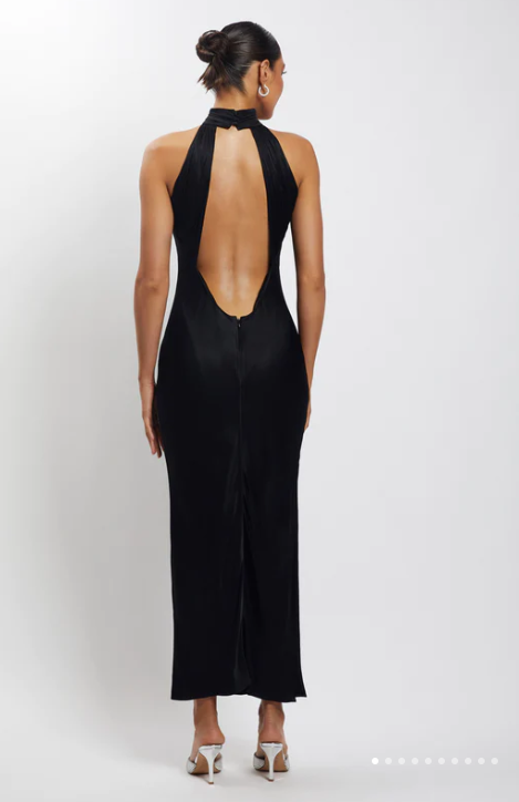 MESHKI CLAIRE Satin Drape Back Maxi Dress – Black photo 2
