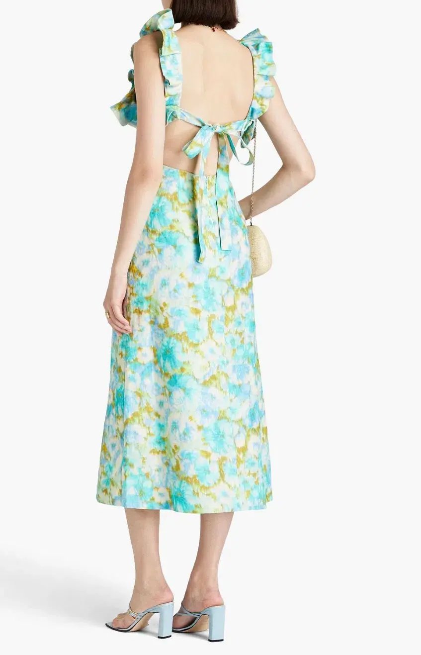 Zimmermann High Tide Frilled Ruffle Midi Dress Aqua Ikat Floral Size 3 / 14 AU photo 2