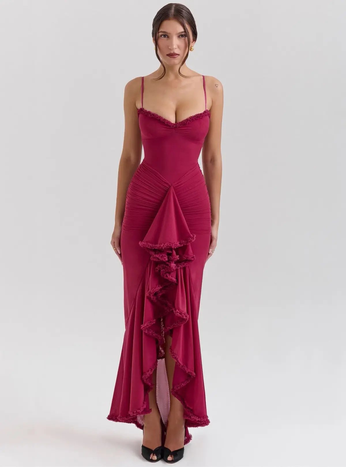 House of CB Gabbi Rufflled Front Gown Wine Size 12 photo 2