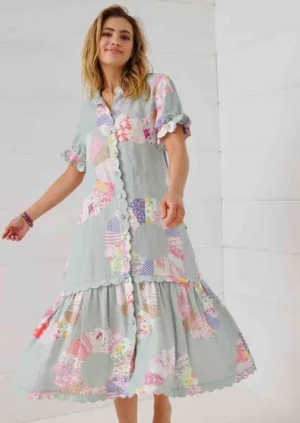Binny Wheel of Fortune Linen Viscose Midi Dress Chambray Patchwork Print Size 16 photo 5