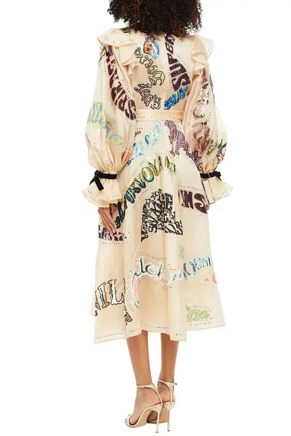 Zimmermann Ladybeetle Embelished Ruffled Silk-Satin Midi Dress Cream Print Size 0 / AU 6 photo 2