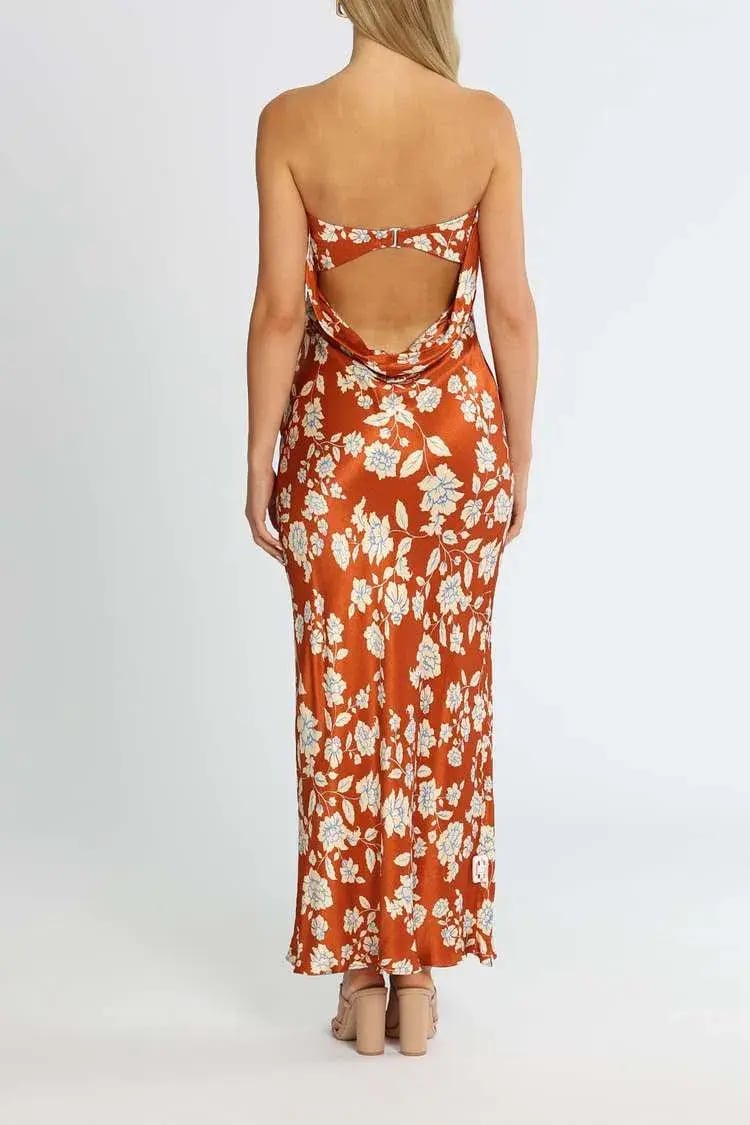 Bec & Bridge Blossom Strapless Maxi Dress Rust Print Size 12 photo 3