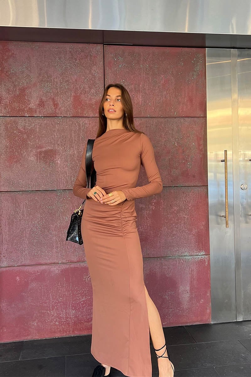 SUBOO IVY LONG SLEEVE ROUCHED DRESS - CHOCOLATE photo 2