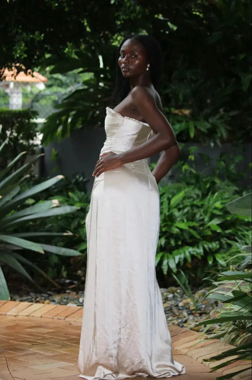 Larissa Satin Maxi Dress With Ruched Petals - Champagne MESHKI photo 7