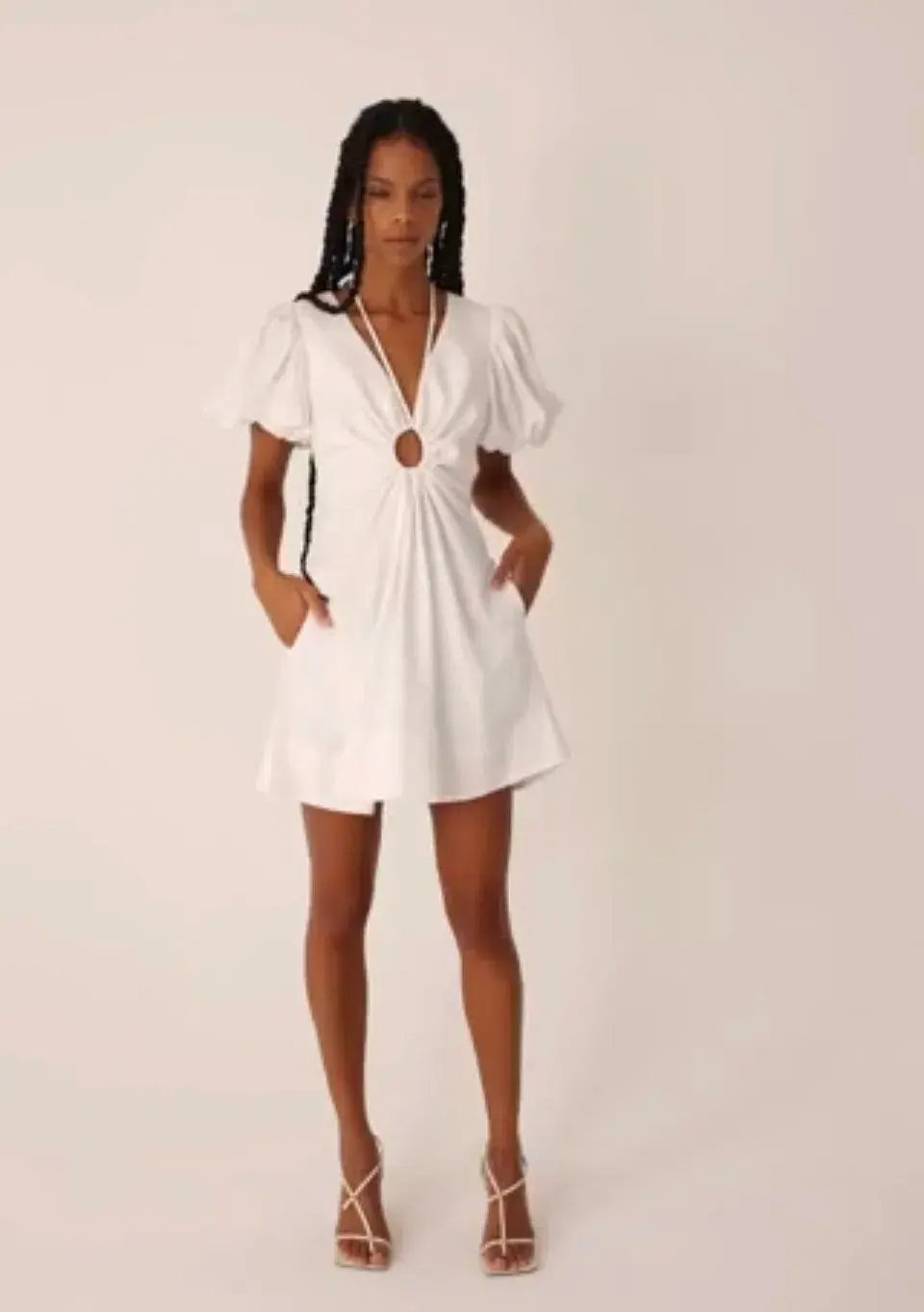 Shona joy White Linen Ruched Keyhole Mini Dress Size 6 photo 3