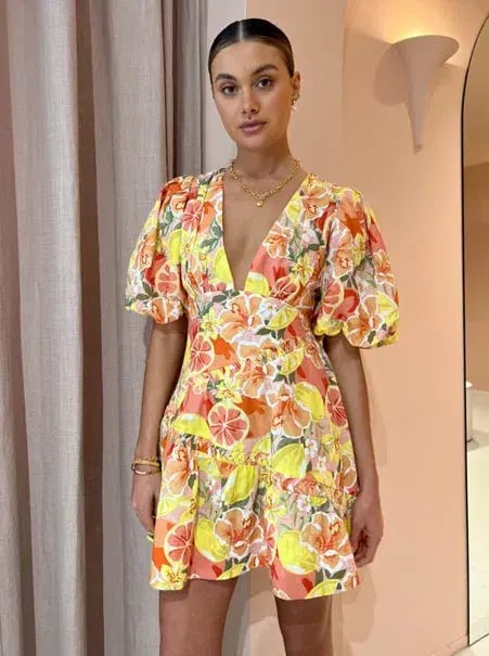 By Nicola Sol Puff Sleeve Mini Dress In Citrus Print Orange Size AU 8 photo 3