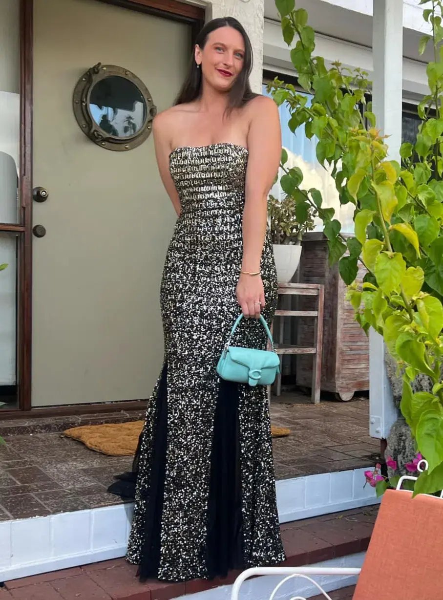 Rachel Gilbert Beaded Tulle Gown Black Gold 2/AU10 photo 2