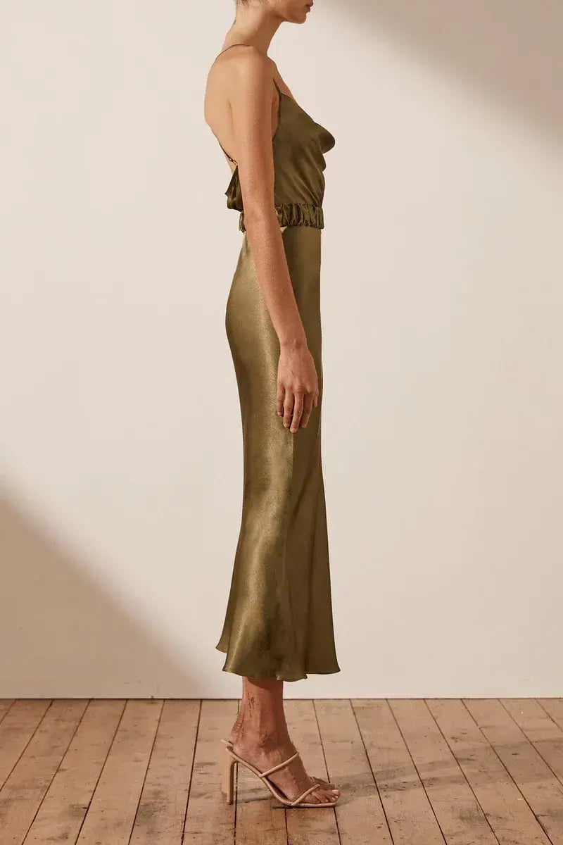 Shona Joy Gala Bias Midi Dress w/ Belt Warm Olive Size 8 photo 2