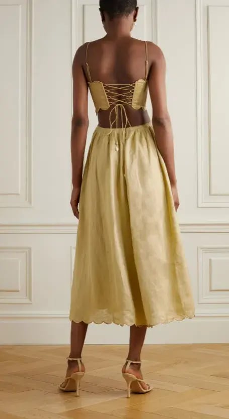 Zimmermann Jude Lace Up Cutout Scalloped Linen Voile Midi Dress Beige Size 0 AUD Size 8 photo 2
