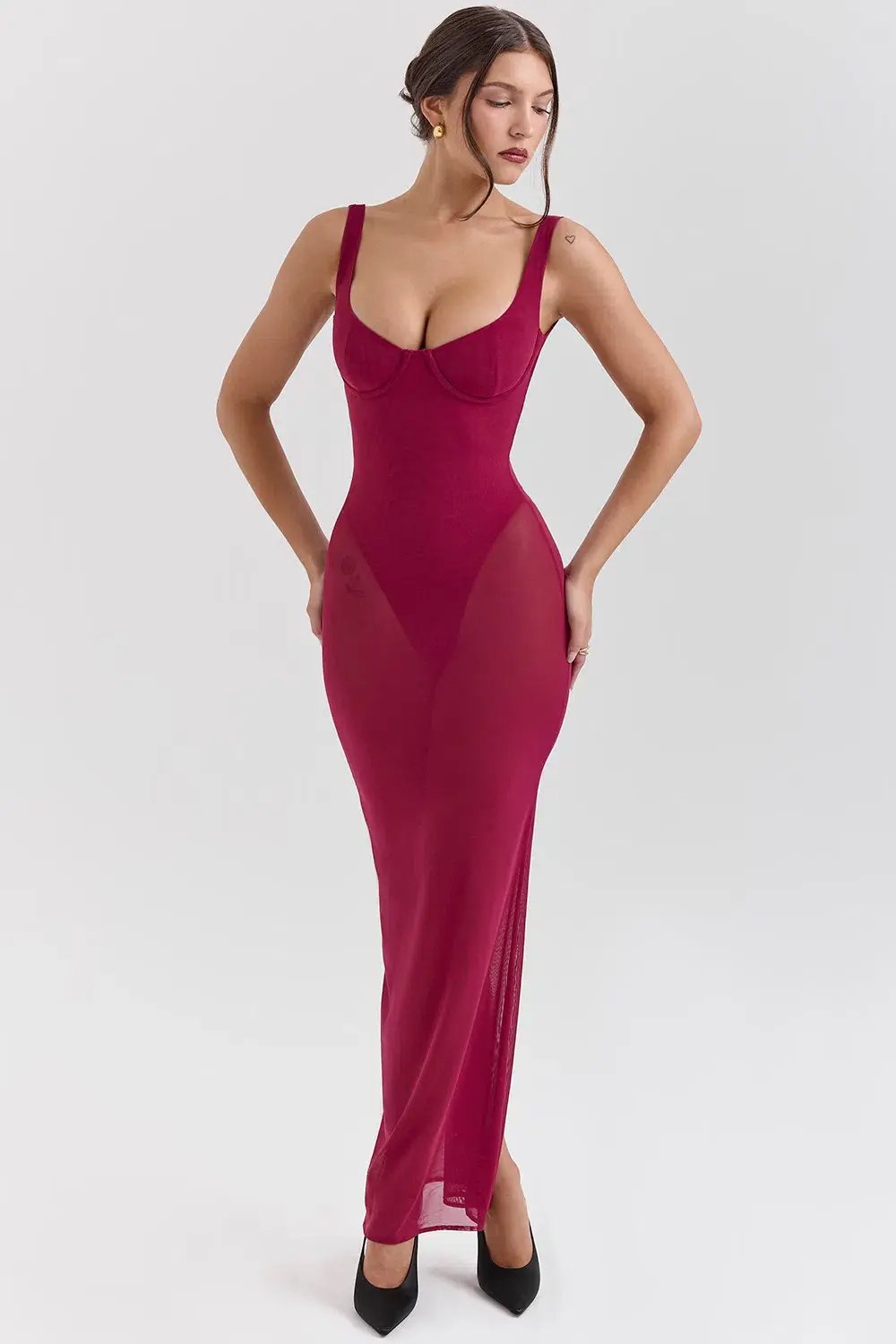 House of CB ROBINA Wine Stretch Mesh Maxi Dress in Burgundy  size AU 6 photo 2