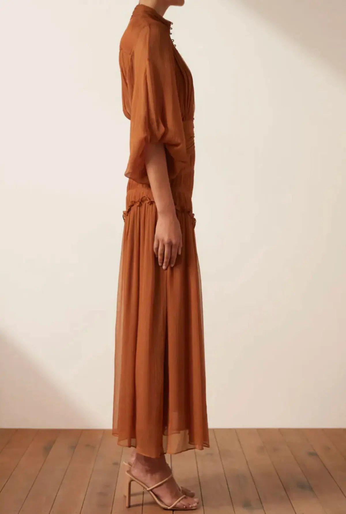 Shona Joy Noemi Button Up Ruched Midi Dress in Siena Brown Size 16 photo 4