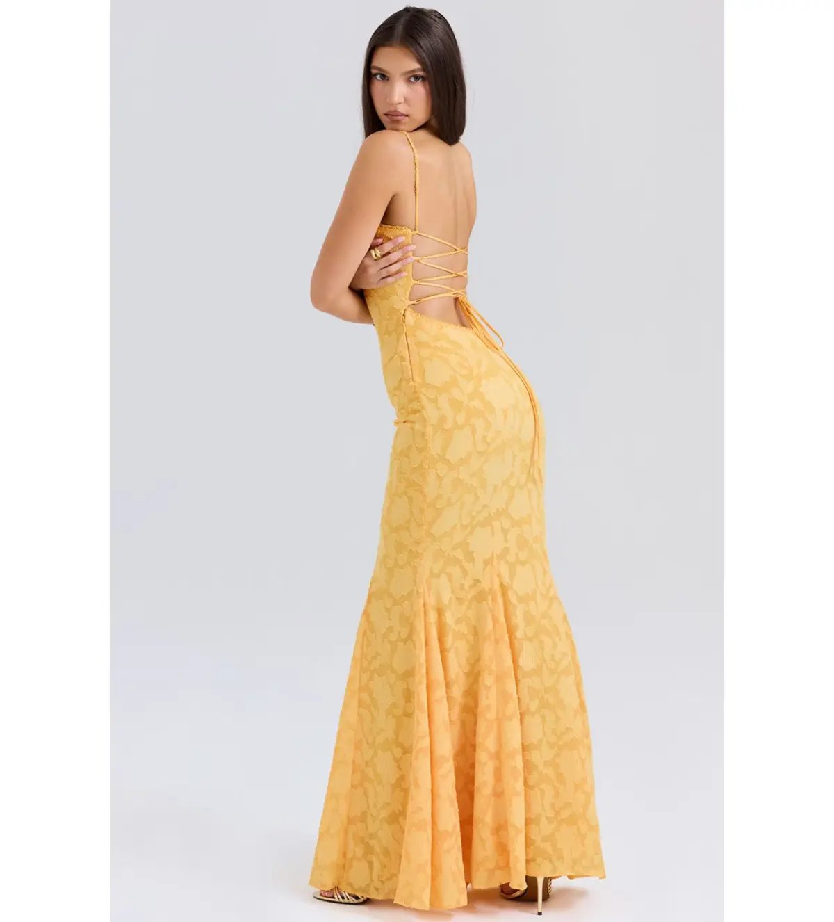House of CB Joan Lace Up Back Maxi Dress Apricot Size XS/AU 6 photo 4