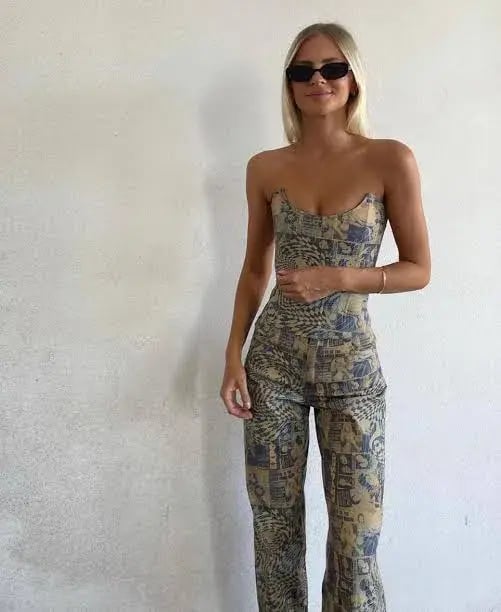 Miaou Leia Corset and Fargo Pants Set Wanted Print Size XS Top Size S Pants photo 2