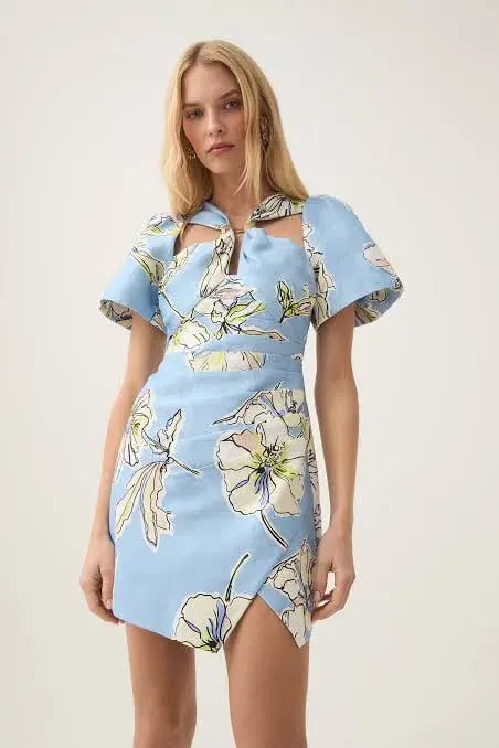 Aje Presence Twisted Mini Dress Blue Hibiscus Size 8 photo 2