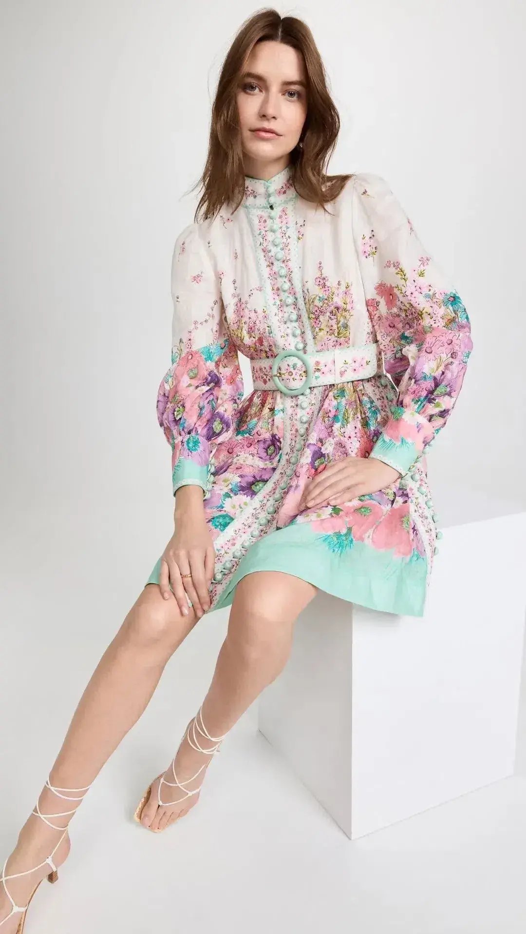 Zimmermann Jude Buttoned Mini Dress in Aqua Gradient Floral Size 0 / AU 8 photo 2