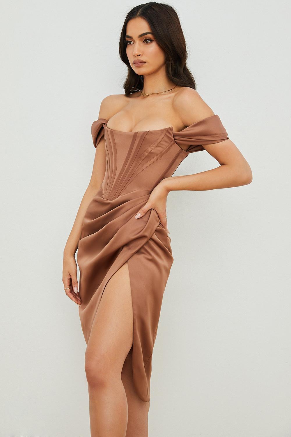 House Of CB Loretta Satin Off Shoulder Midi Dress Brown Size 8 photo 2