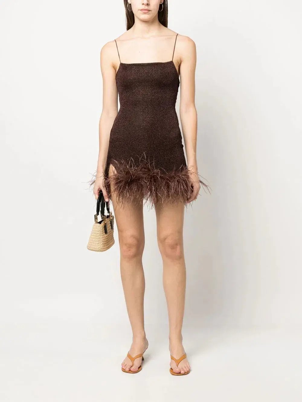Oséree Feather Trim Glitter Mini Dress Brown Size 10 photo 2