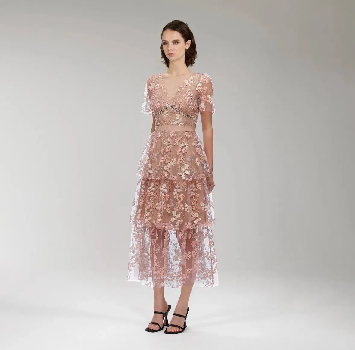 Self Portrait Flower Mesh Tiered Midi Dress Pink Size 12 photo 2
