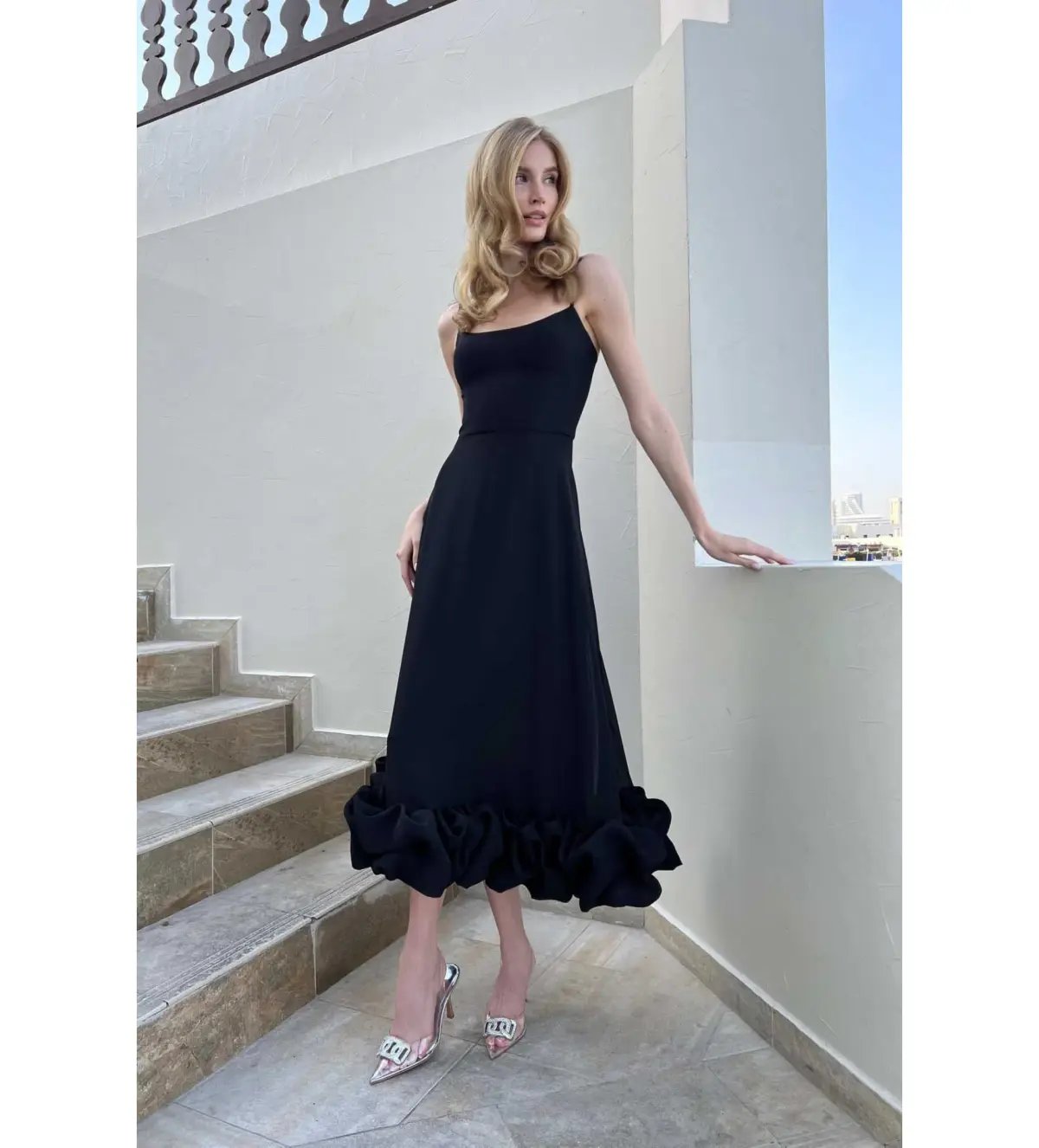 Post Meridiem Flounce Bustier Midi Dress in Deep Black Size XS / AU 6 photo 2