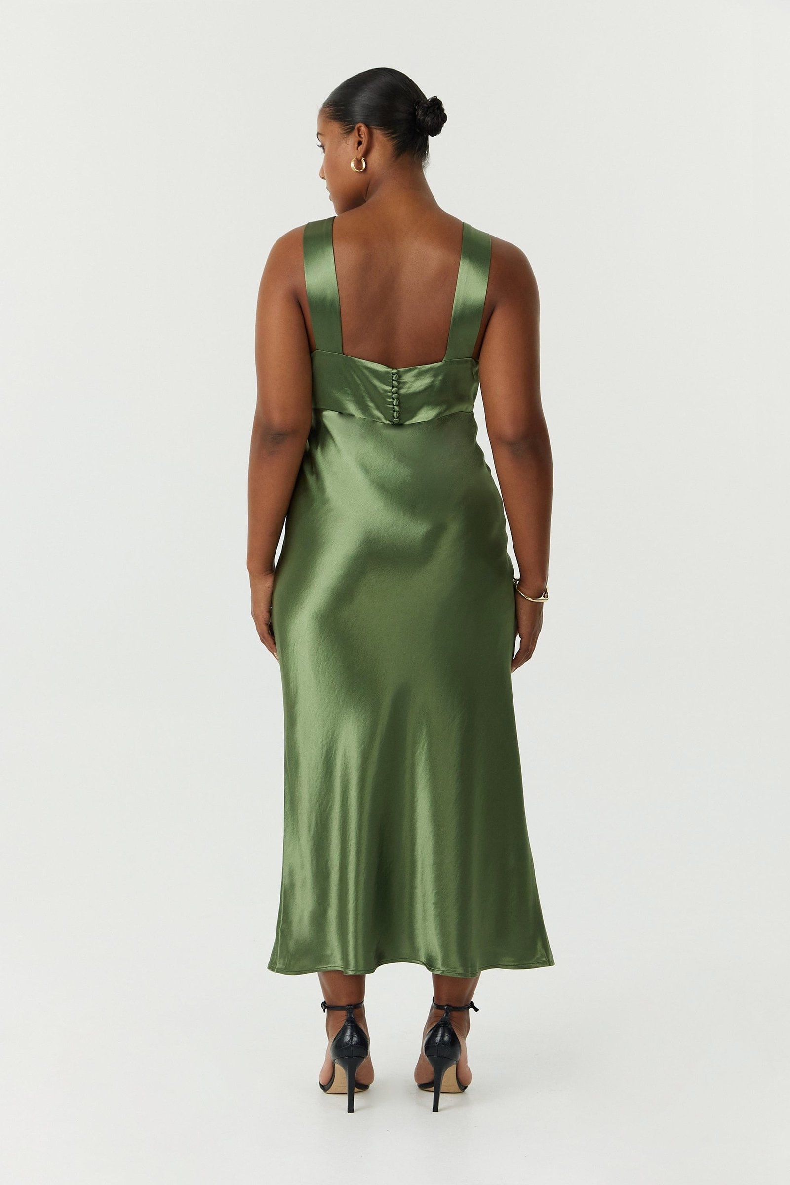 THIRD FORM SATIN GATHER BRA BIAS SLIP DRESS - OLIVE photo 3