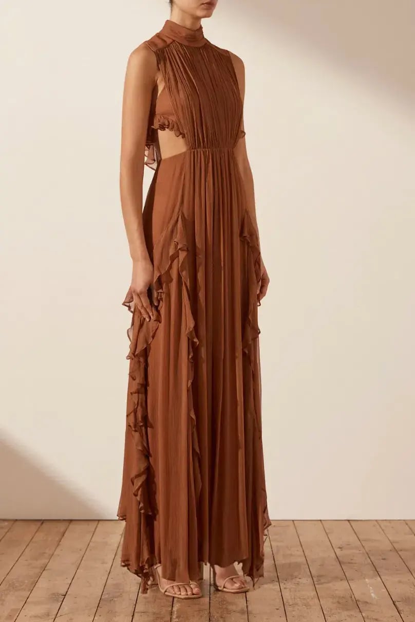 Shona Joy Leonie Backless Frill Maxi Dress in Almond Brown Size 6 photo 2