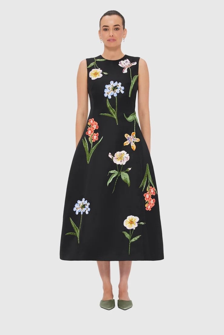 Leo Lin Cleo Embroidery Midi Dress - Botanical Print in Ebony photo 3
