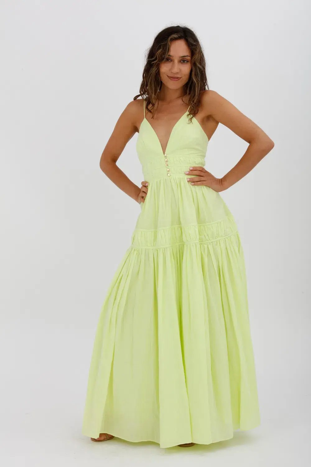 Aje Grace Tiered Midi Dress Pastel Yellow Green Size 10 photo 2