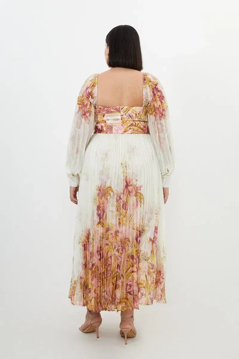 Karen Millen Border Print Floral And Satin Bodice Pleat Woven Maxi Dress Size AU 22 photo 2