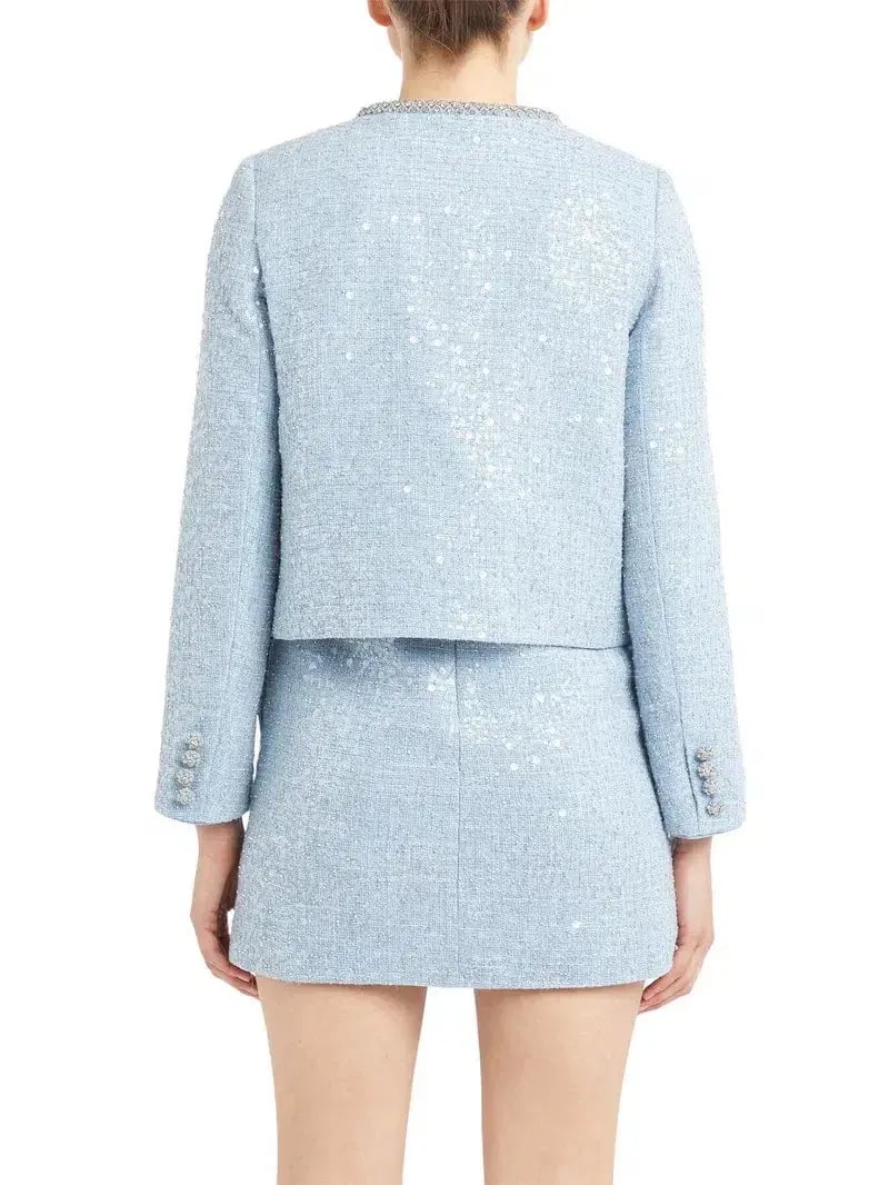 Self Portrait Boucle Jacket and Mini Skirt Set in Blue Sequin Size AU 10 photo 3