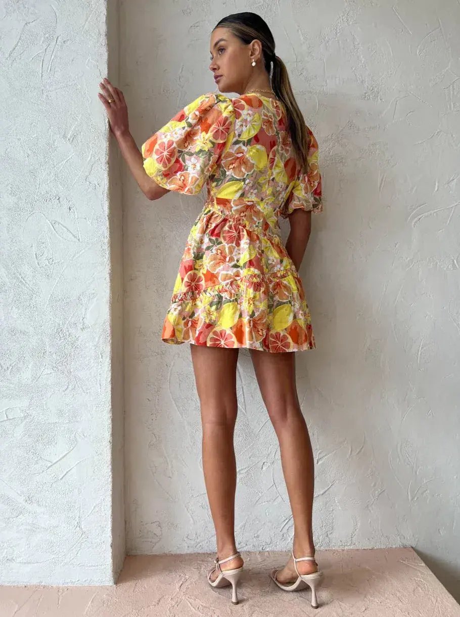 By Nicola Sol Puff Sleeve Mini Dress In Citrus Print Size 10 photo 3