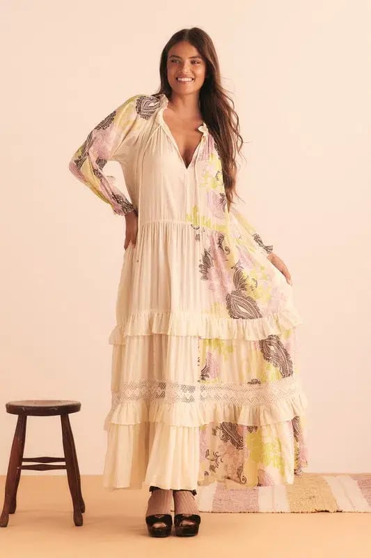 Bohemian Traders Castello Ruffle Maxi Dress Cream Size 12 photo 3