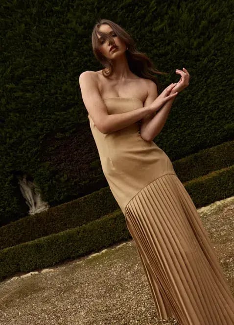 Bianca and Bridgett Mara Pleated Maxi Dress in Beige Gold Size 8 photo 4