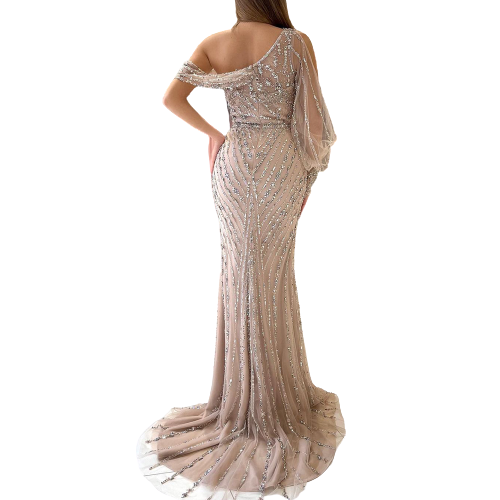 Nude One Shoulder Beaded Evening Gown photo 2